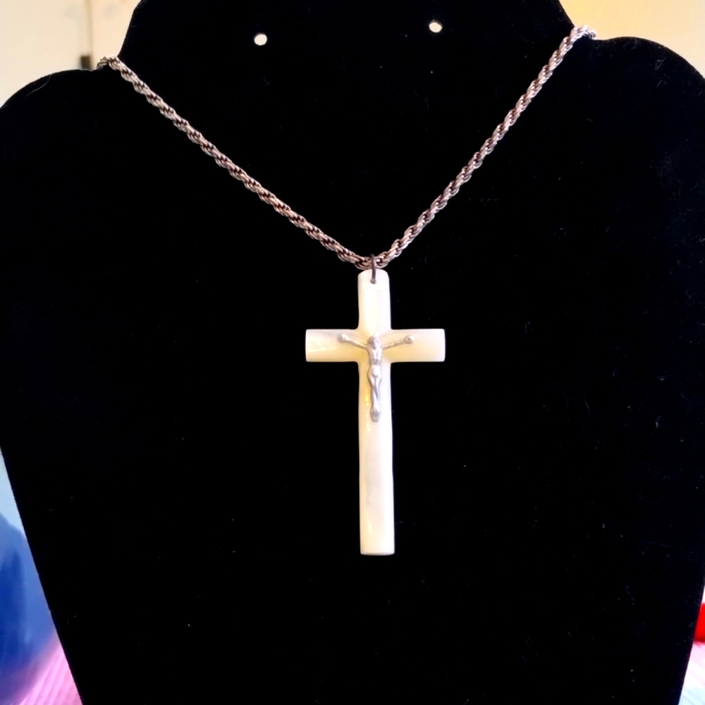Huge Vintage Mother of Pearl Carved Crucifix On Thick Braided 925 Sterling Chain